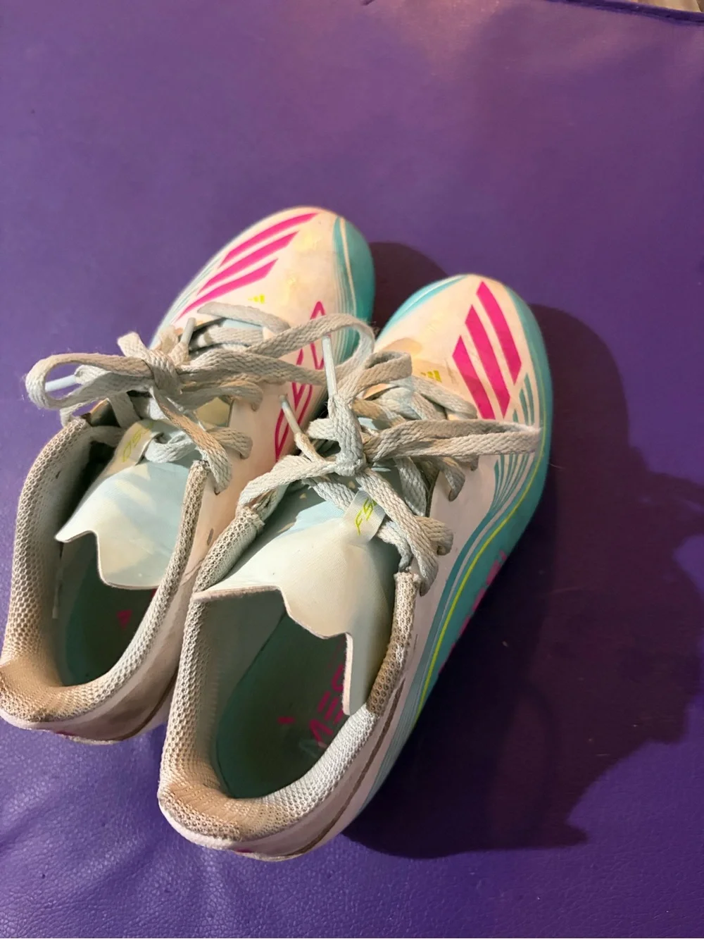 adidas Kids Turquoise, White & Pink Soccer Cleats - Messi